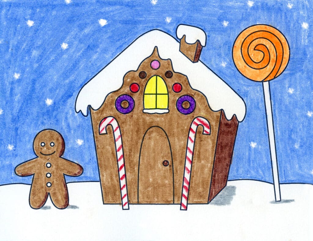 A drawing of a Gingerbread House, made with the help of an easy step by step tutorial.