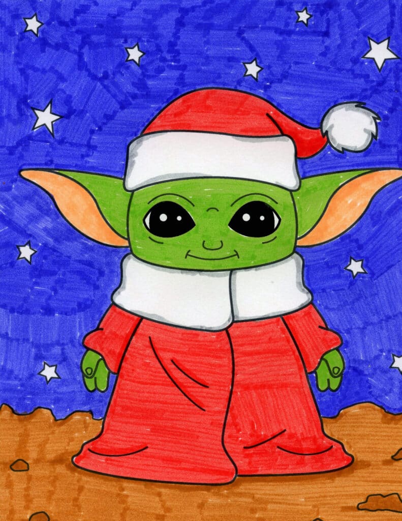 A drawing of a Santa Baby Yoda, made with the help of an easy step by step tutorial.