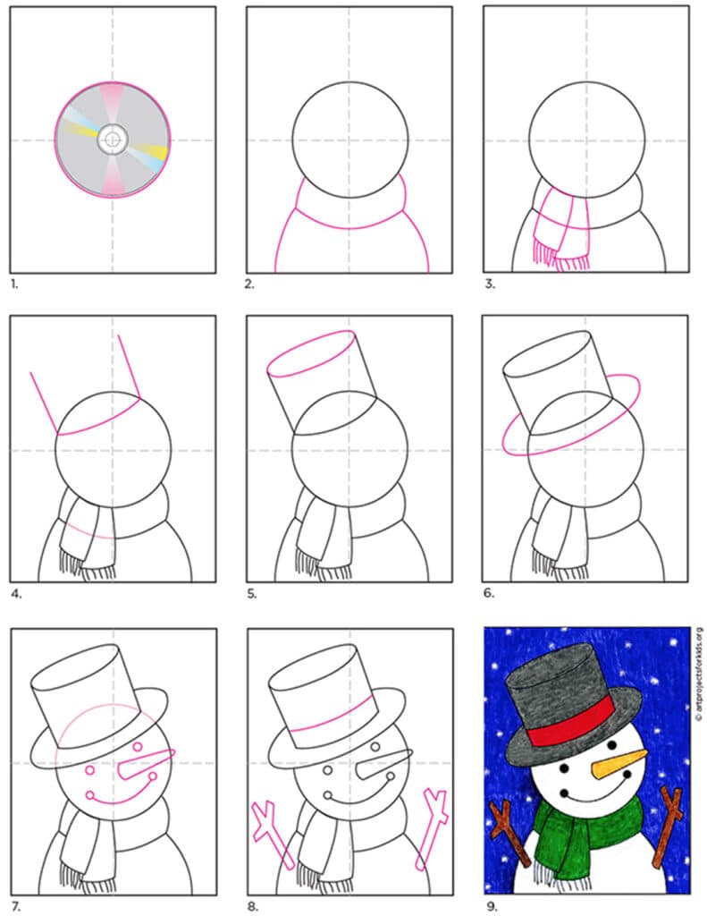 A step by step tutorial for how to draw a cute snowman, also available as a free download.