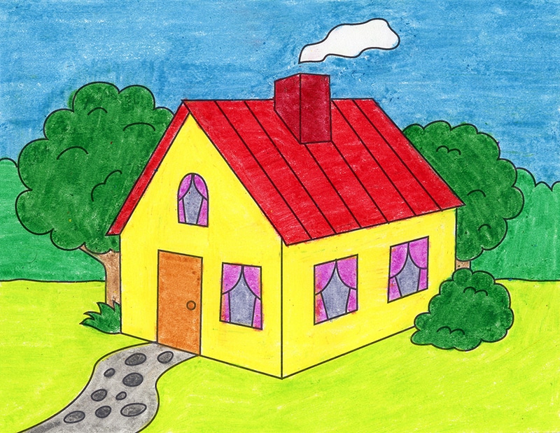 Easy How to Draw a 3D House Tutorial and 3D House Coloring Page