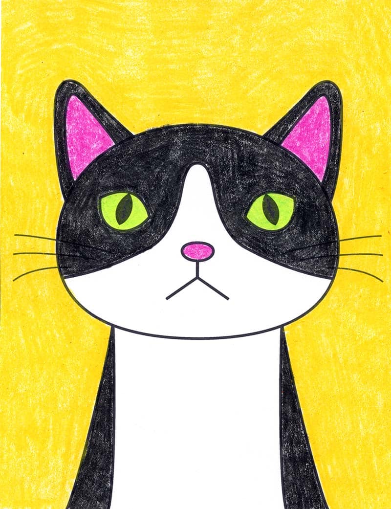 Easy How to Draw a Cat Tutorial Video and Cat Coloring Page