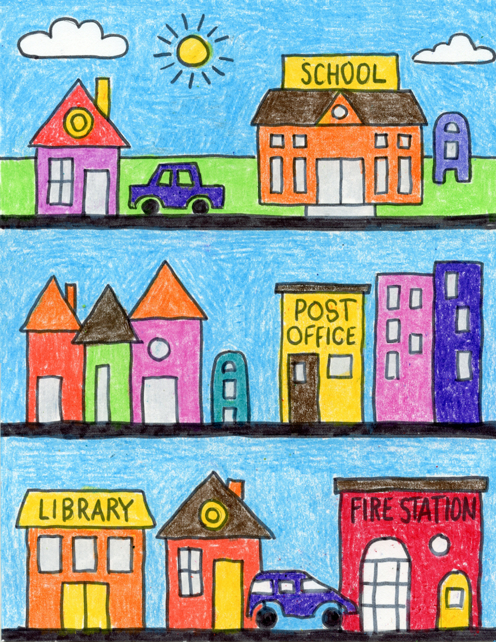 Easy How to Draw Your Neighborhood Tutorial and Neighborhood Coloring Page