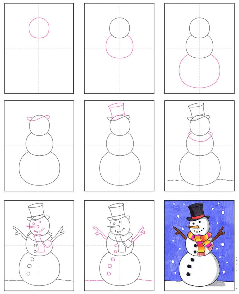 A step by step tutorial for how to draw an easy Snowman, also available as a download.